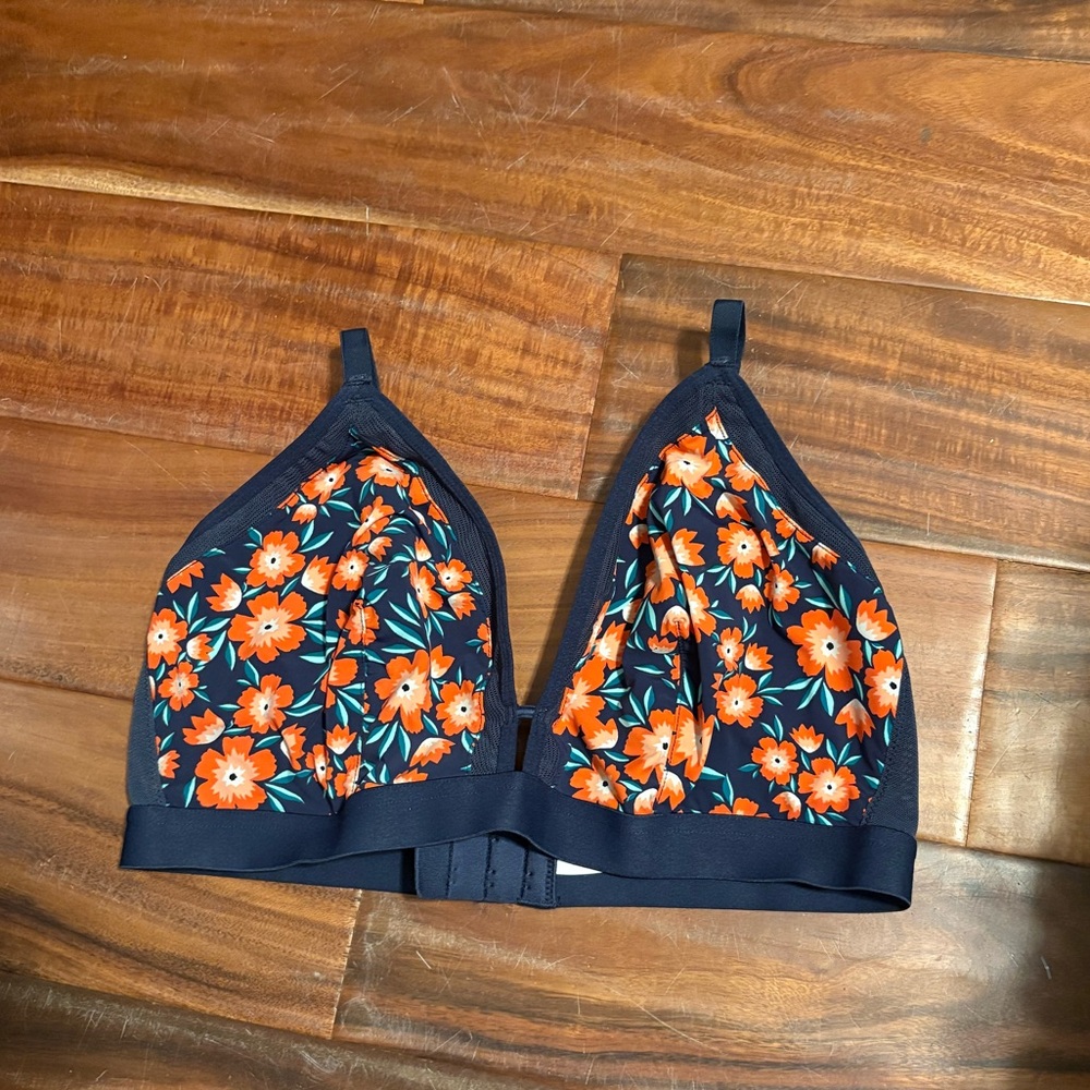 Lively‎ Floral Bralette Size 3 Navy Orange Wireless Bra Triangle Soft Cup (0669)